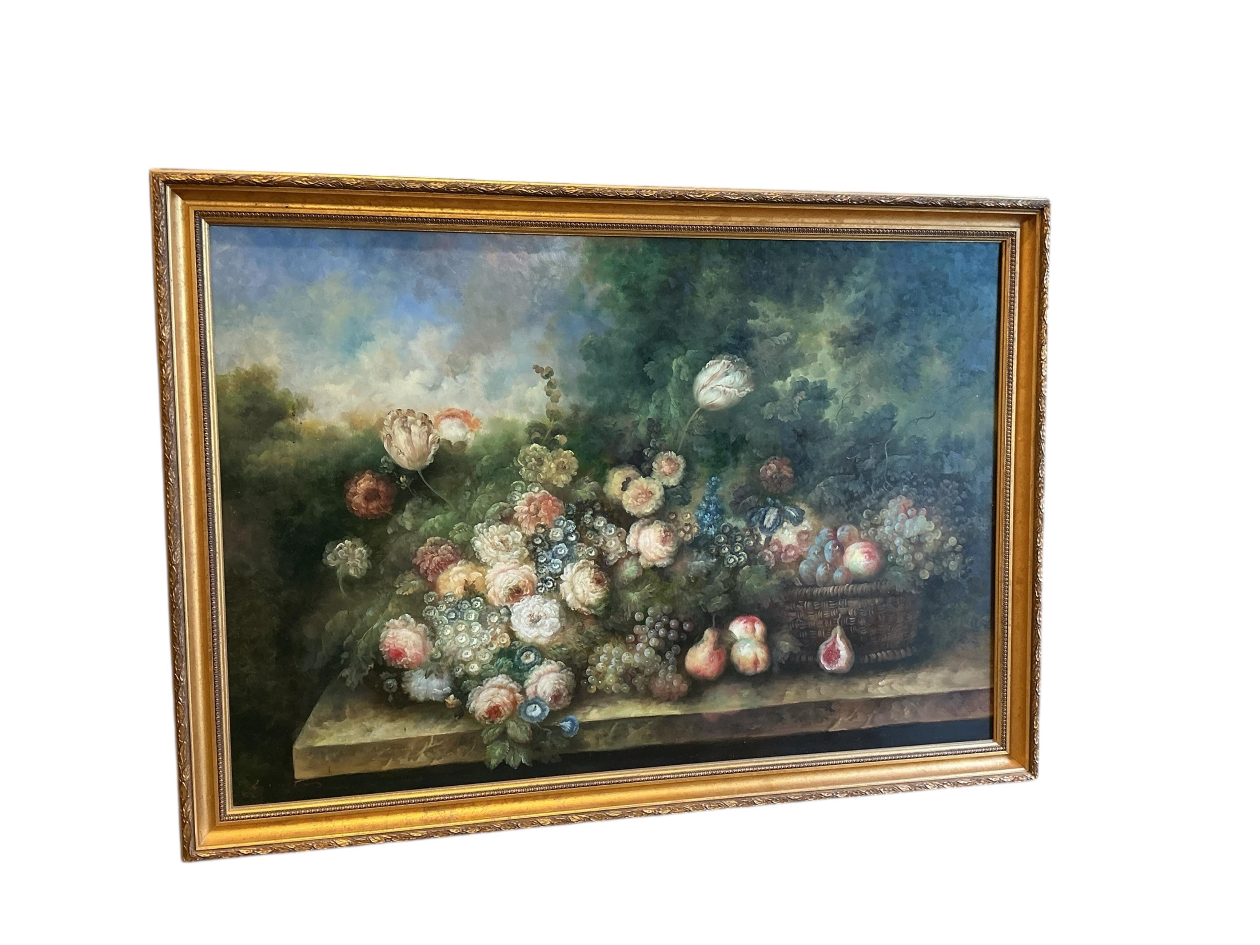 A large Dutch style still life of roses, peony and fruit, oil on canvas, 196 x 142cm including frame